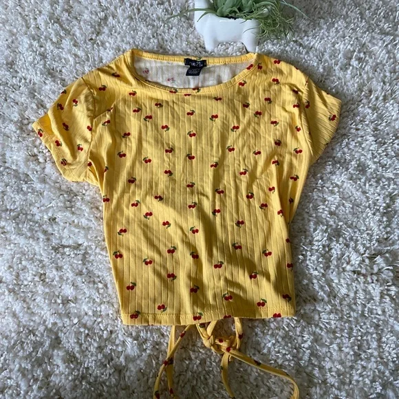 Cute mini cherry yellow tie up summer crop top belly shirt w ties around… - Picture 1 of 3
